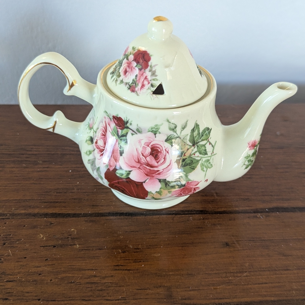 Floral Ceramic Teapot with Pink Roses